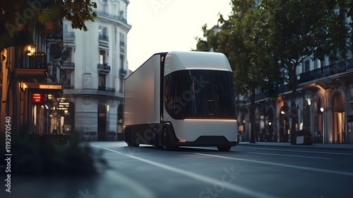 Autonomous Electric Truck Drives Through City Street