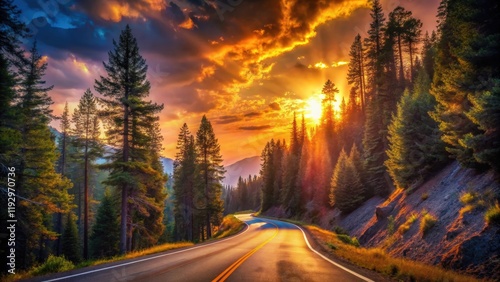 Serene Sunset Vista Winding Road Through Majestic Evergreen Forest at Golden Hour