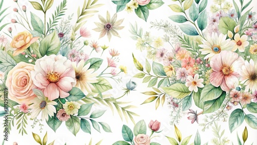 Wallpaper Mural Elegant Watercolor Floral Pattern Featuring Delicate Blooms and Lush Greenery Torontodigital.ca