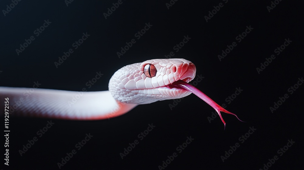 Fototapeta premium Close-up of a white snake flicking its pink tongue with detailed view of its texture and colors