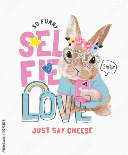 selfie slogan with cartoon rabbit taking selfie vector illustration