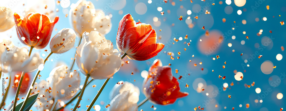 Vibrant tulips in red and white bloom against blue background, surrounded by sparkling particles. This enchanting scene captures beauty of spring flowers in full bloom Vibrant tulips in red and white bloom against blue background, surrounded by sparkling particles. This enchanting scene captures beauty of spring flowers in full bloom