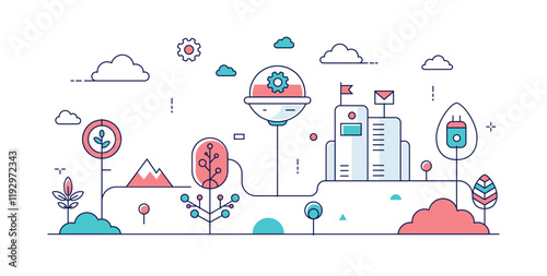 a minimalist line icon landscape blending technology, nature, and AI, with gears, devices, trees, and buildings symbolizing innovation and environmental harmony. 