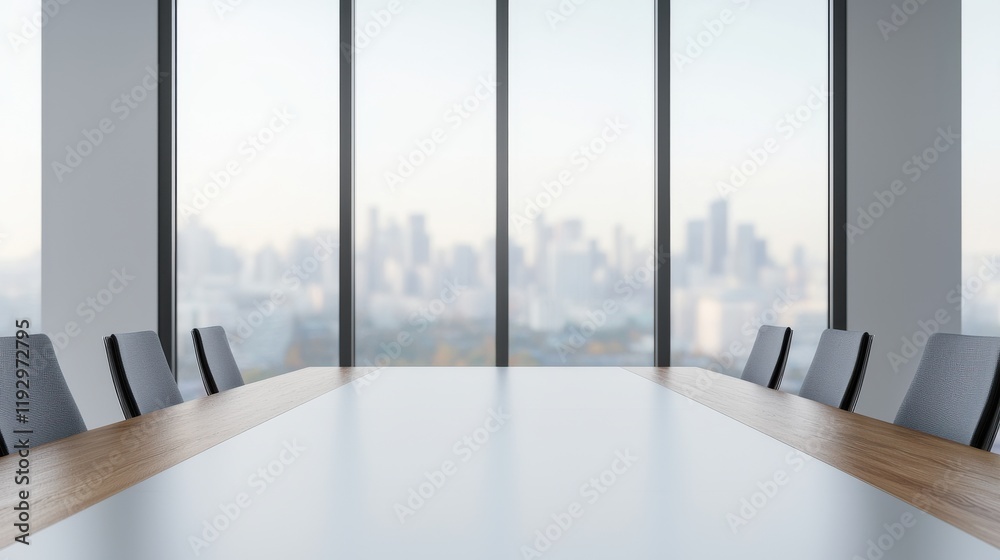 Fototapeta premium Large empty meeting table in a modern office overlooking the city