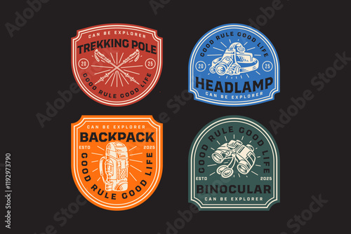 trekking poles, backpack, headlamp, binoculars, telescopic hiking poles, carrier bag, glasses, flashlight retro badge logo vector design collection set for adventure, explorer, mountaineer and hiker
