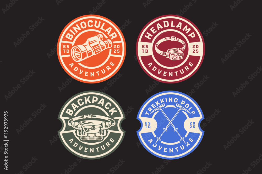 hiking poles, waist bag with safety tools, binoculars, headlamp, trekking poles, backpack, flashlight retro badge logo vector design collection set for adventure, explorer, mountaineer and hiker hiking poles, waist bag with safety tools, binoculars, headlamp, trekking poles, backpack, flashlight retro badge logo vector design collection set for adventure, explorer, mountaineer and hiker
