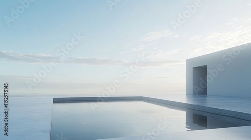 A minimalist scene featuring a calm, reflective pool juxtaposed against a clear, expansive sky, evoking serenity and modern architectural elegance. photo