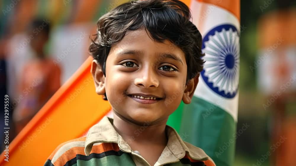 A young boy holds the Indian flag with pride and smiles warmly. This video captures the essence of patriotism and joy, making it perfect for Indian Independence Day celebrations.
