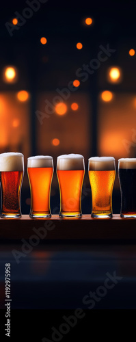 Explore a vibrant selection of craft beers showcased in beautifully poured glasses, highlighting a spectrum of flavors, colors, and styles that appeal to any beer enthusiast. photo