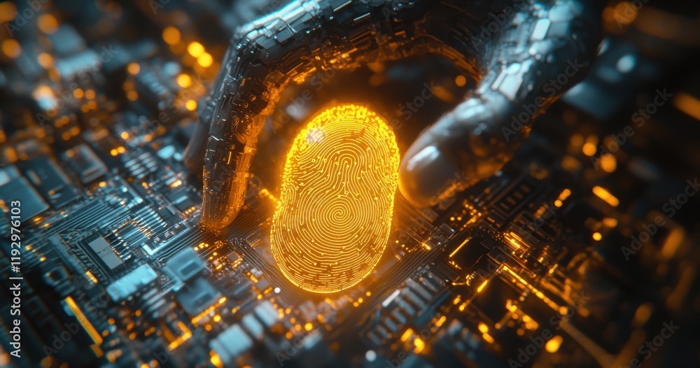 Digital fingerprint technology concept illustrating the fusion of human identification and computer circuitry in a futuristic setting to showcase security innovations.