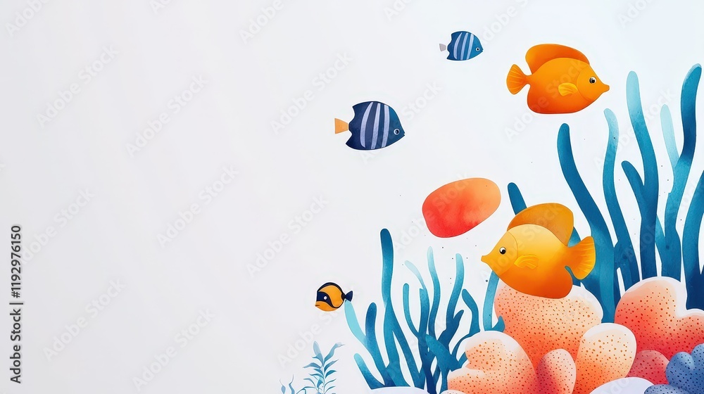 Fototapeta premium Coral reef and seagrass ecosystem teeming with marine life, bright colors