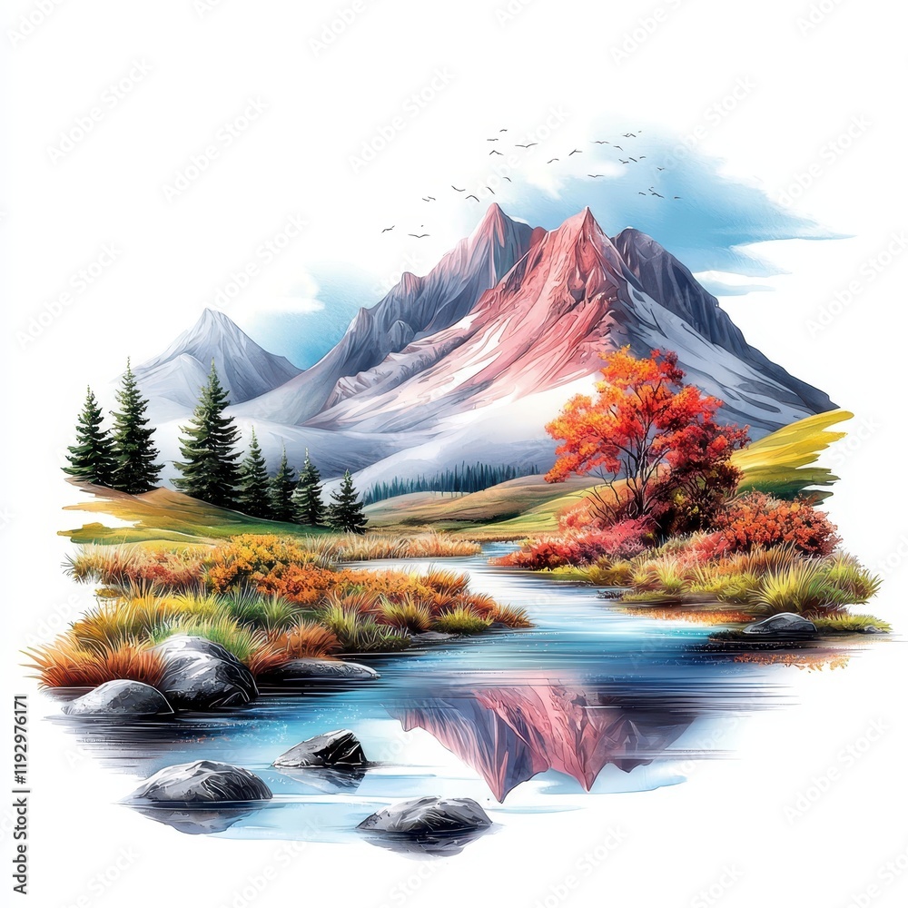 Obraz premium Serene Mountain Landscape with Colorful Autumn Foliage and Reflective Water Body