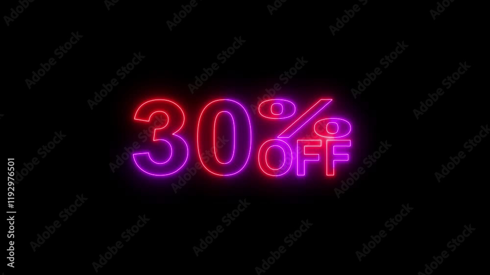 neon 30% off text animation video on black background.glowing animation icon. neon 30% off text animation video on black background.glowing animation icon.