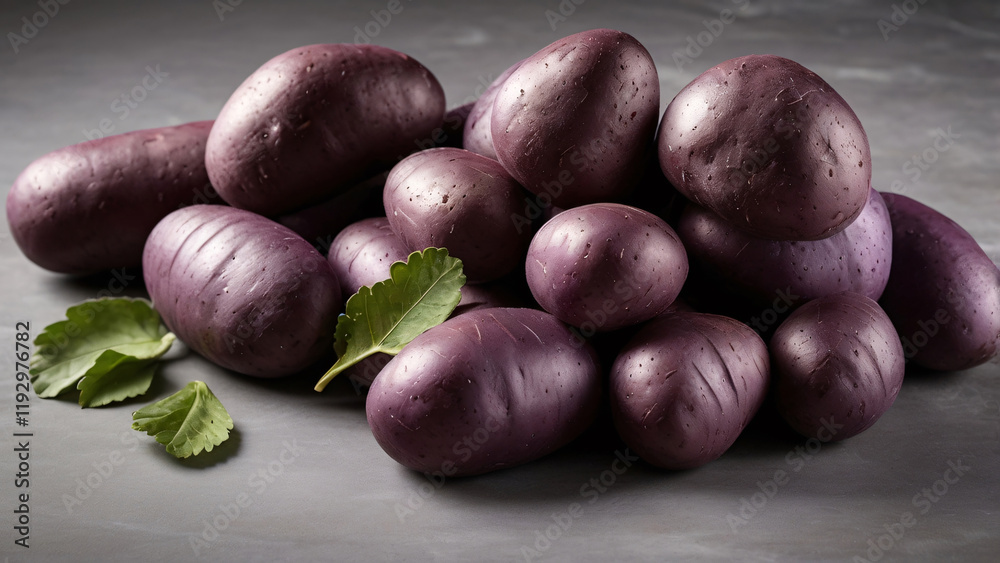 Fototapeta premium Elegant Purple Potatoes: A Modern, Artistic Composition on a Neutral Background