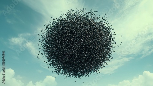 A Captivating Aerial View of a Large Swarm of Birds in Formation Against a Bright Blue Sky with Sparse Clouds Emphasizing Nature's Intriguing Behavior and Patterns photo