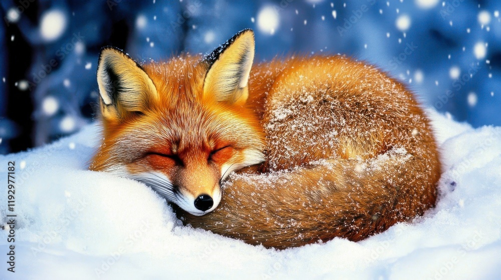Fototapeta premium Peaceful Red Fox Sleeping in Soft Snow During Winter Wonderland Scene Surrounded by Gentle Snowflakes and Serene Nature Background