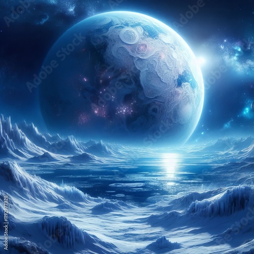 Frozen Ice Planet A planet covered in vast ice sheets with tower