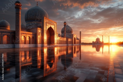 A 3D-rendered scene of Registan Square at sunset, with the shadows enhancing the depth of the ornate tiles and the golden light highlighting the domes photo