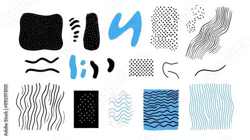 A collection of bold organic grunge shapes featuring curved lines dots and Memphisstyle geometric patterns Includes swirling brush strokes curly lines and handdrawn shapes photo