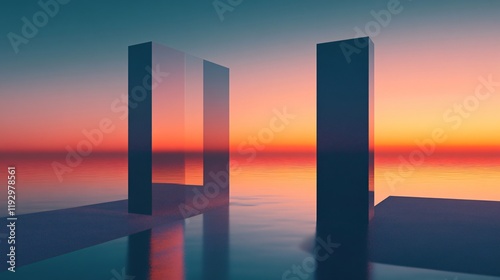 This image captures two towering monoliths reflecting sunlight, set against a vibrant sunset and tranquil water surface, creating a surreal and serene atmosphere. photo