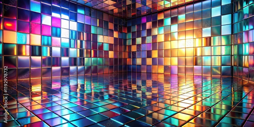 Obraz premium Abstract iridescent room with vibrant square tiles reflecting light