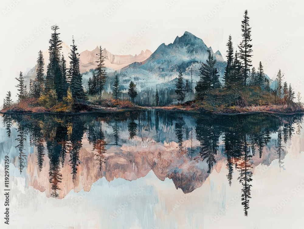 Naklejka premium Nature art fusion modern depiction of mountains and reflections serene landscape tranquil environment artistic viewpoint