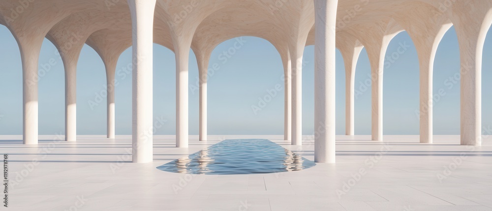 Fototapeta premium A serene architectural space with arched columns and a tranquil water feature under a clear blue sky.