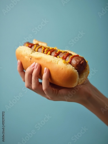 Classic American hotdog with mustard and ketchup, held by a clean, neutral-toned hand in a professional studio setting. Perfect for food ads and editorial designs.