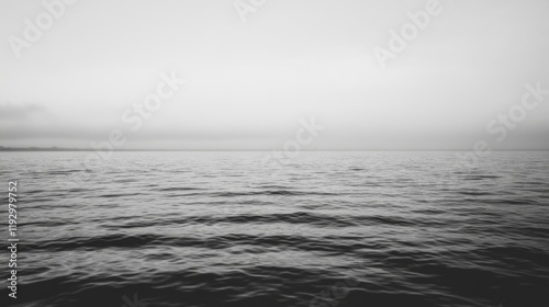 Calm sea, overcast sky, monochrome.