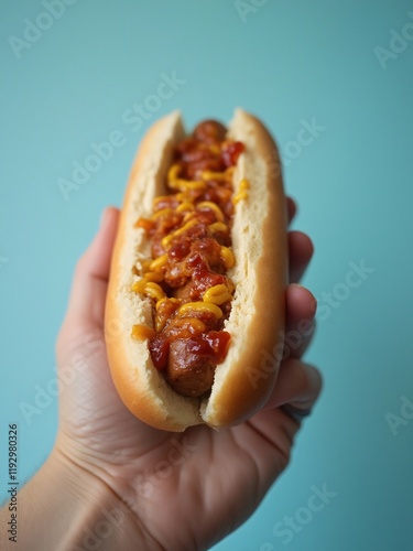 Classic American hotdog with mustard and ketchup, held by a clean, neutral-toned hand in a professional studio setting. Perfect for food ads and editorial designs. photo