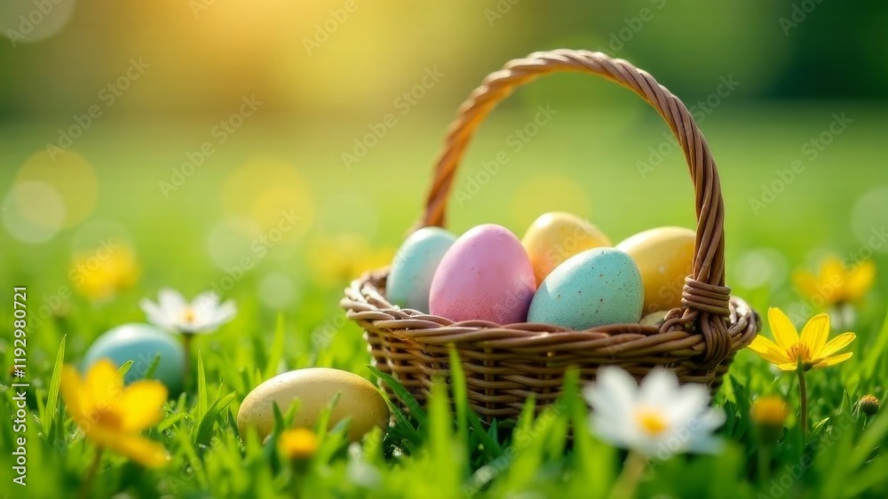 Fototapeta premium a basket of colored eggs stands on the grass