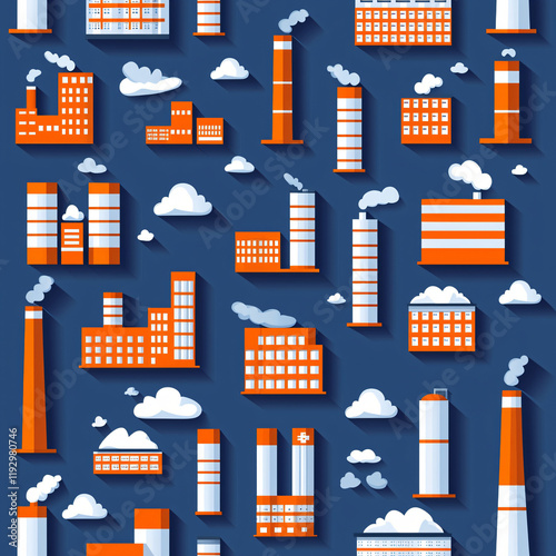 Industrial Factory Seamless Pattern Design with Orange Buildings and Smokestacks