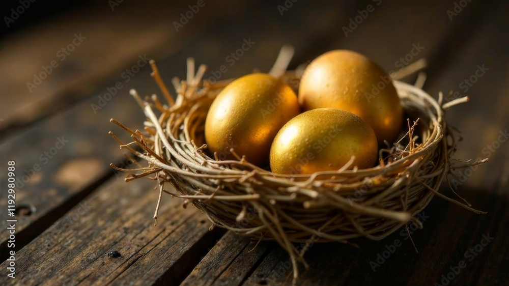 golden chicken eggs in a wicker basket on a wooden floor golden chicken eggs in a wicker basket on a wooden floor