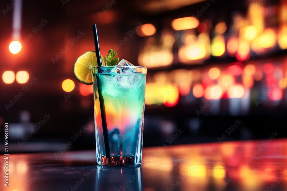 A UV-reactive drink in a dark bar, glowing in neon green and blue hues with a blacklight shining above A UV-reactive drink in a dark bar, glowing in neon green and blue hues with a blacklight shining above