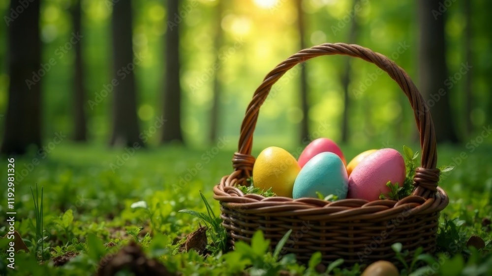 wicker basket with easter colored eggs lies on grass in forest wicker basket with easter colored eggs lies on grass in forest