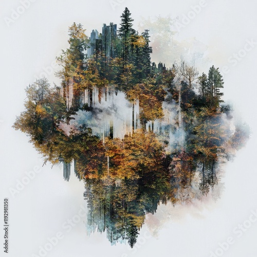 Nature art fusion abstract ecofriendly designs in a tranquil forest landscape dreamy environment serene viewpoint photo