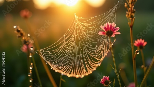 Dew-Covered Spider Web With Flowers in a Morning Sunrise Field

