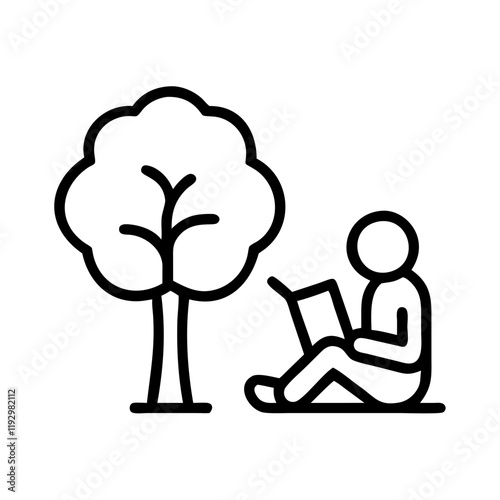 reading under a tree icon, reading under a tree line art - simple line art of reading under a tree, perfect for reading under a tree logos and icons and themed design