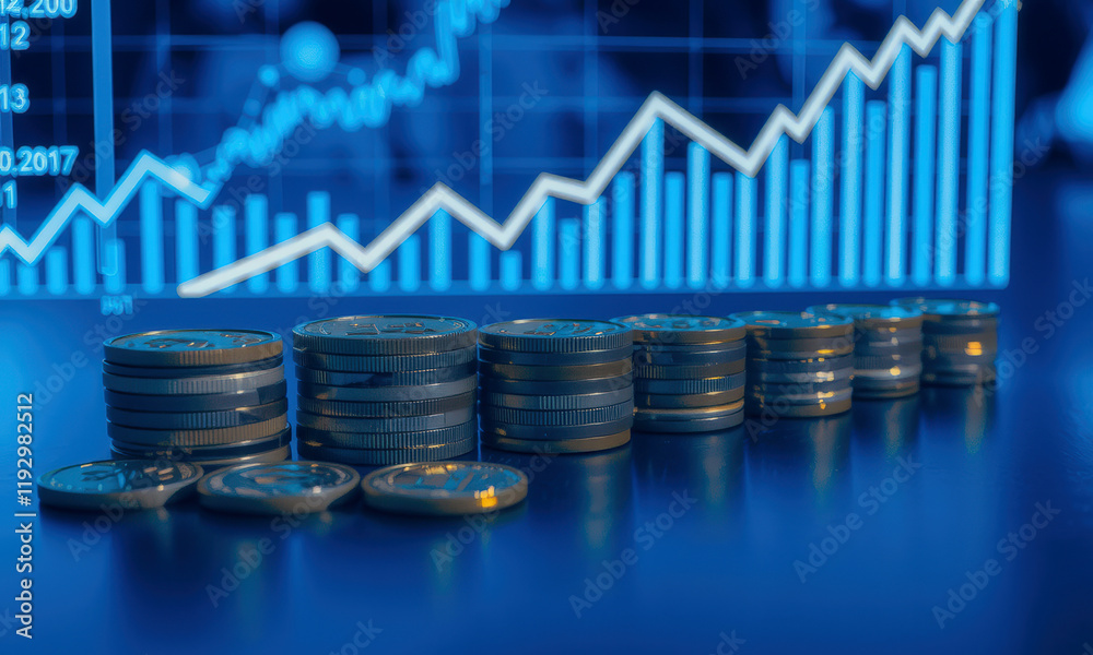 Stacks of coins are arranged in ascending order against backdrop of financial graph, symbolizing growth and investment potential. blue hue adds modern, digital feel to financial concept Stacks of coins are arranged in ascending order against backdrop of financial graph, symbolizing growth and investment potential. blue hue adds modern, digital feel to financial concept
