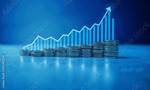 Stacks of coins are arranged ascending order against blue background, symbolizing financial growth and success. graph with upward trend line is visible, representing economic progress and