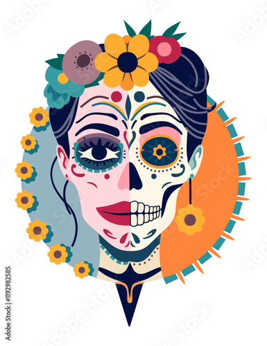 Catrina head. Female sugar skull. Mexican Day of the Dead. Cinco de Mayo. Vector isolated illustration