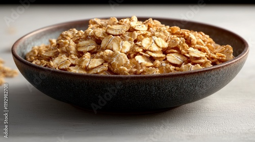 Bowl of rolled oats, close-up view.