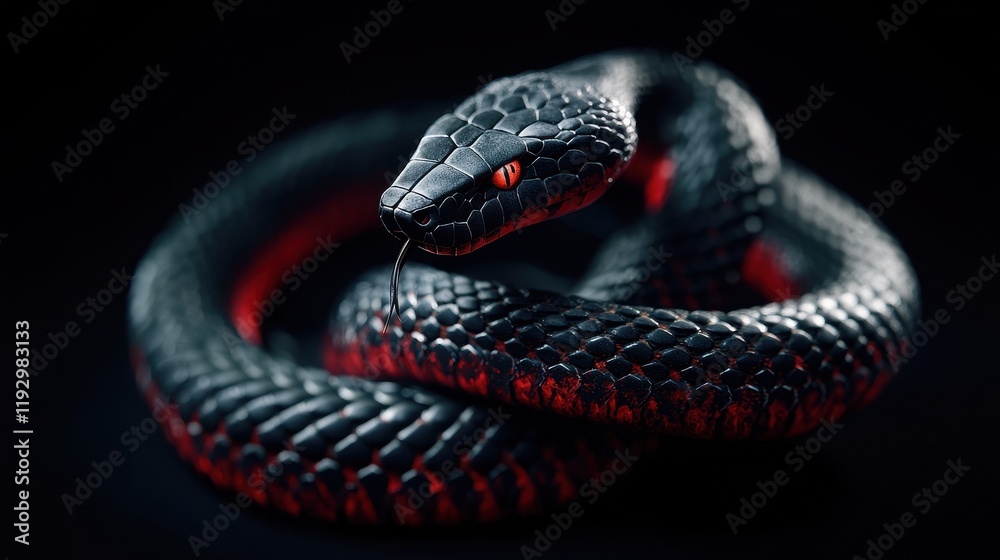 Obraz premium Coiled Black Snake with Red Eyes Dark Reptile Close Up Wildlife Photography
