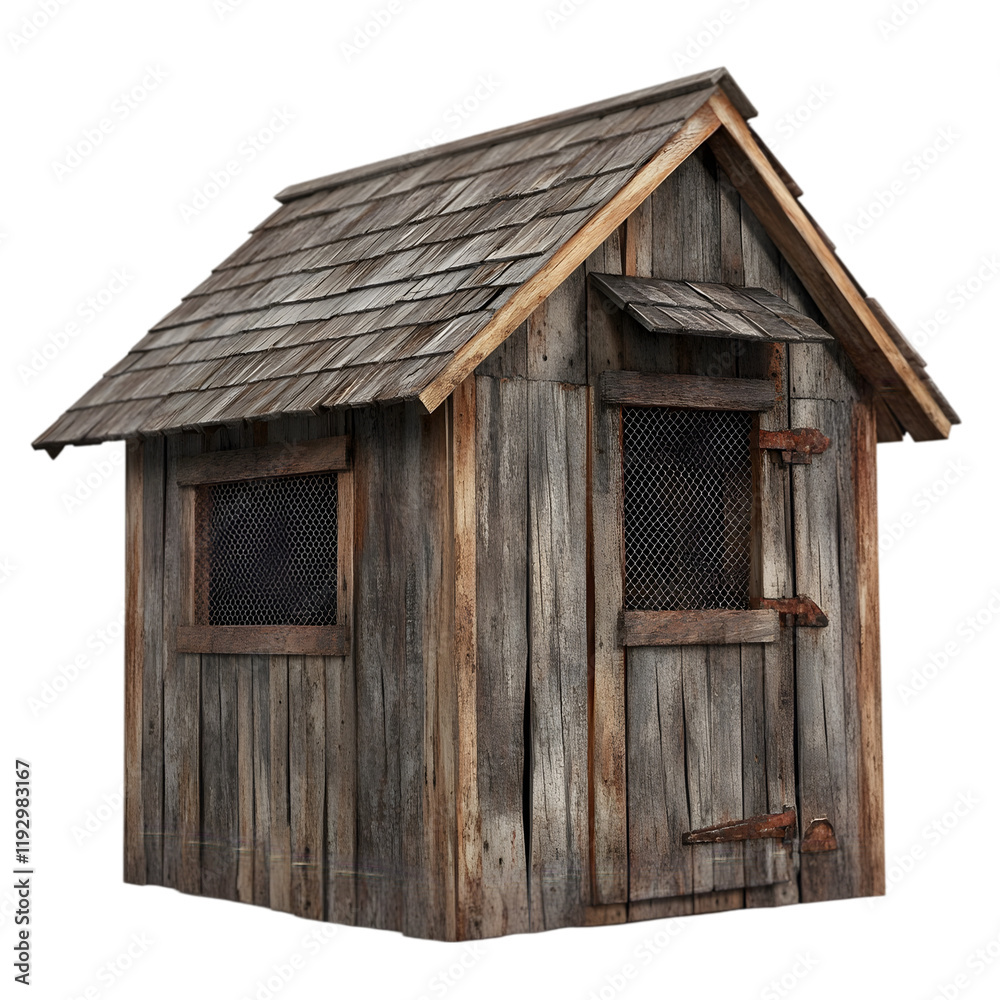 Rustic Wooden Hut with Shingled Roof and Weathered Texture on Transparent Background
Rustic Wooden Hut with Shingled Roof and Weathered Texture on Transparent Background