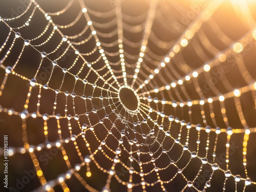 Close-up of a spiderweb adorned with glistening dew drops, illuminated by warm sunlight, showcasing intricate patterns and delicate beauty.