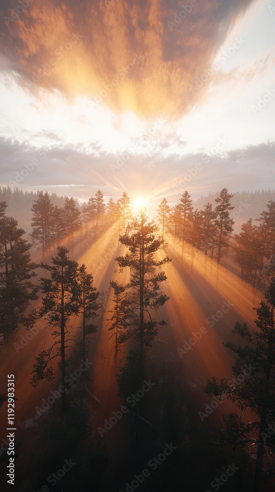 Naklejka premium Forest sunset glow evergreen trees nature scene serene atmosphere aerial perspective tranquil beauty