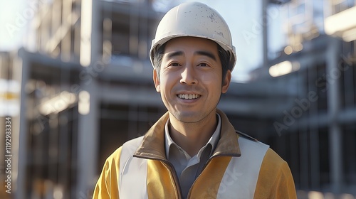 Smiling Japanese man at construction site showcases enthusiasm for work