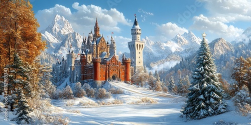 Fairytale castle winter scene, snowy mountains photo