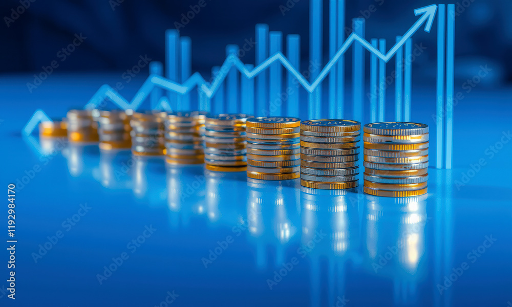 Stacks of coins are arranged in ascending order against blue background, symbolizing financial growth and investment. graph with upward trend is overlaid, indicating economic progress