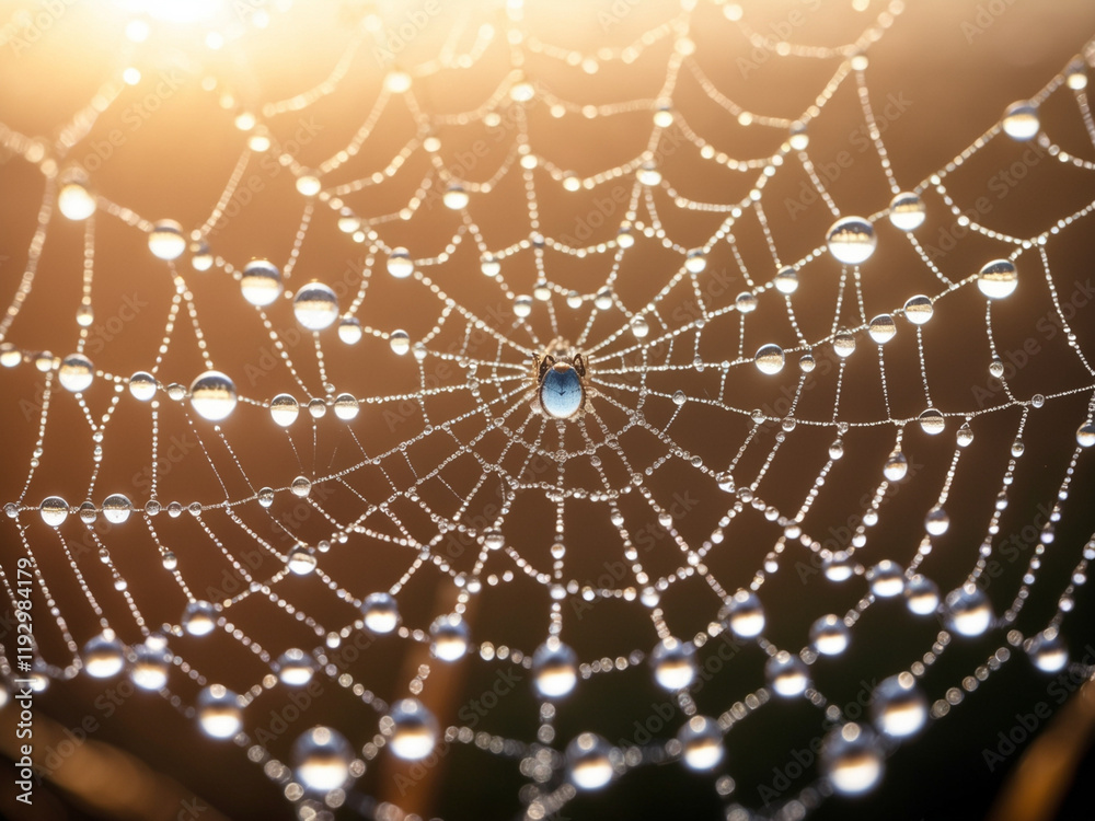 Fototapeta premium Close-up of a spiderweb adorned with glistening dew drops, illuminated by warm sunlight, showcasing intricate patterns and delicate beauty.